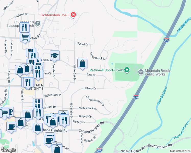 map of restaurants, bars, coffee shops, grocery stores, and more near 3448 East Street in Vestavia Hills