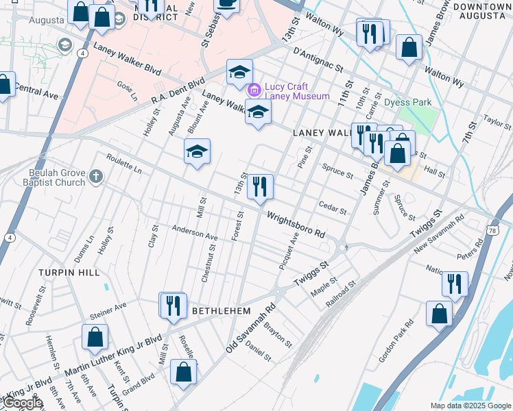 map of restaurants, bars, coffee shops, grocery stores, and more near 1203 Wrightsboro Road in Augusta