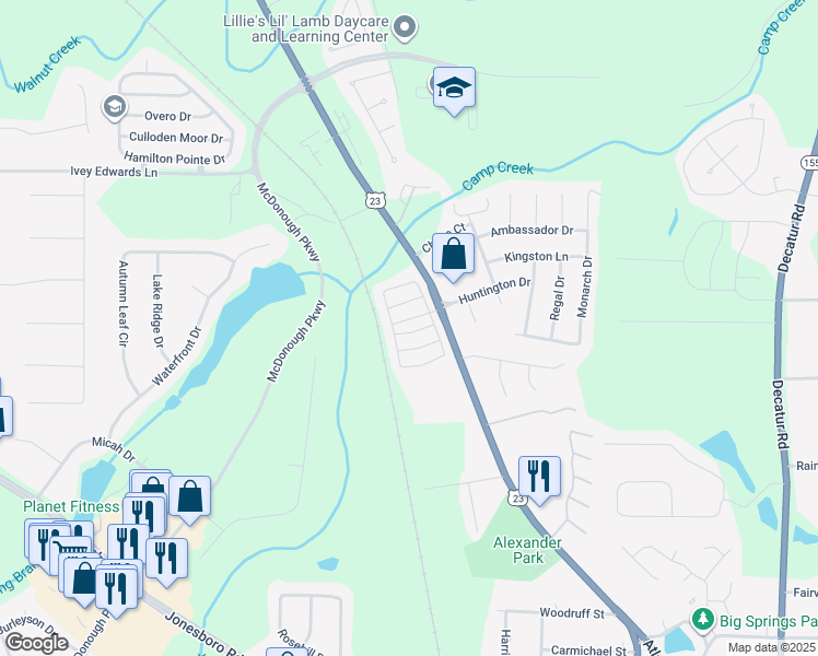 map of restaurants, bars, coffee shops, grocery stores, and more near 1232 Faye Court in McDonough