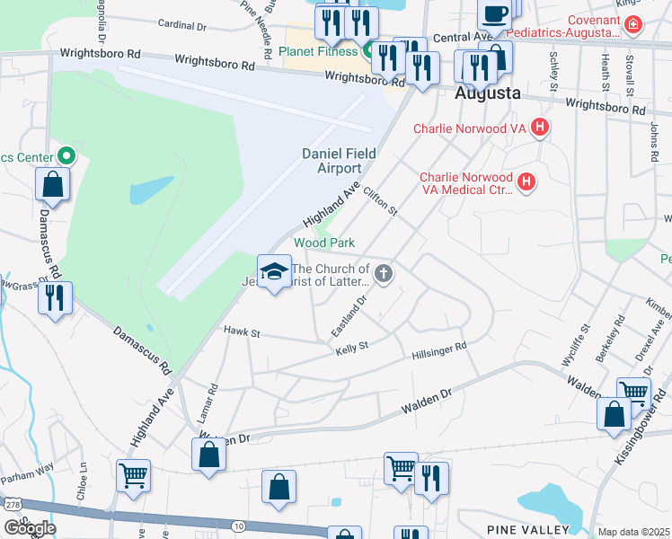 map of restaurants, bars, coffee shops, grocery stores, and more near 2101 Providence Drive in Augusta
