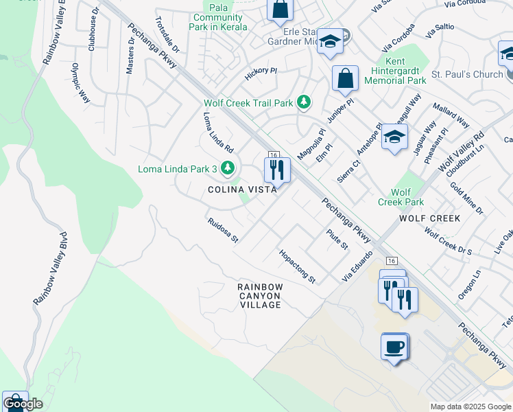 map of restaurants, bars, coffee shops, grocery stores, and more near 31109 Shicali Court in Temecula