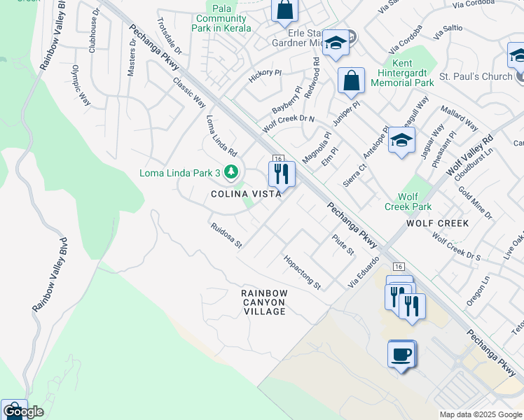 map of restaurants, bars, coffee shops, grocery stores, and more near 31109 Shicali Court in Temecula