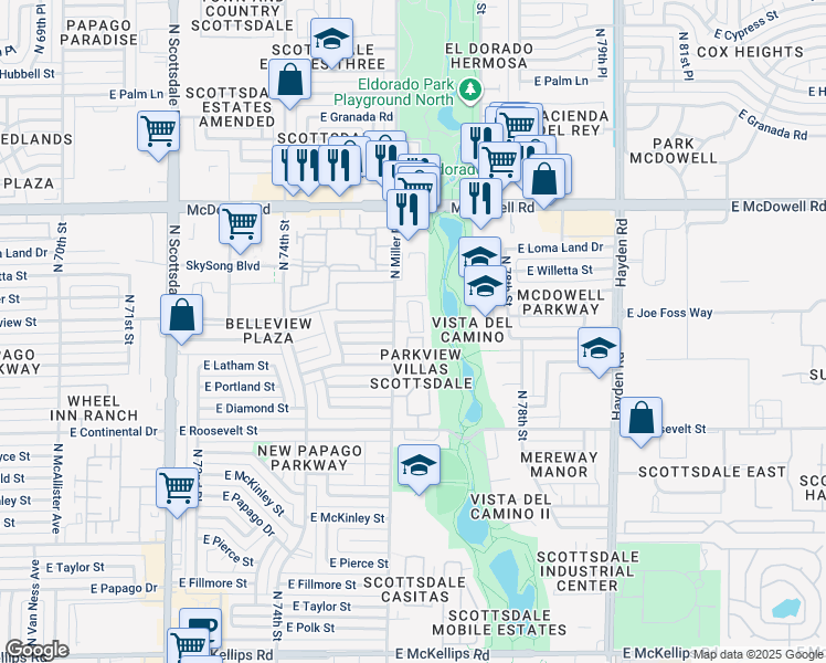 map of restaurants, bars, coffee shops, grocery stores, and more near North 75th Place in Scottsdale