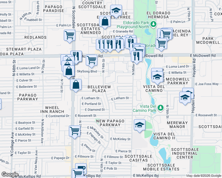 map of restaurants, bars, coffee shops, grocery stores, and more near 7420 East Belleview Street in Scottsdale
