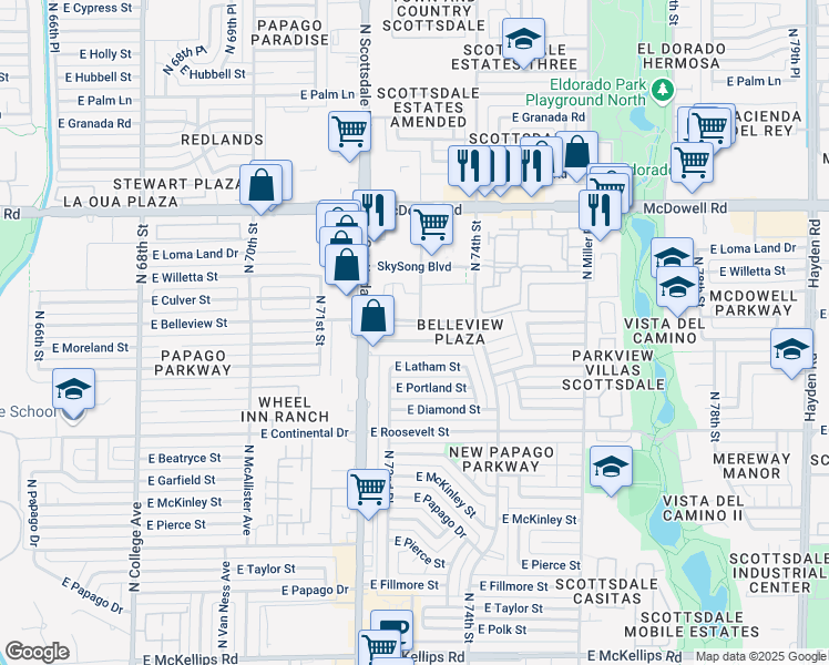 map of restaurants, bars, coffee shops, grocery stores, and more near 7238 East Belleview Street in Scottsdale