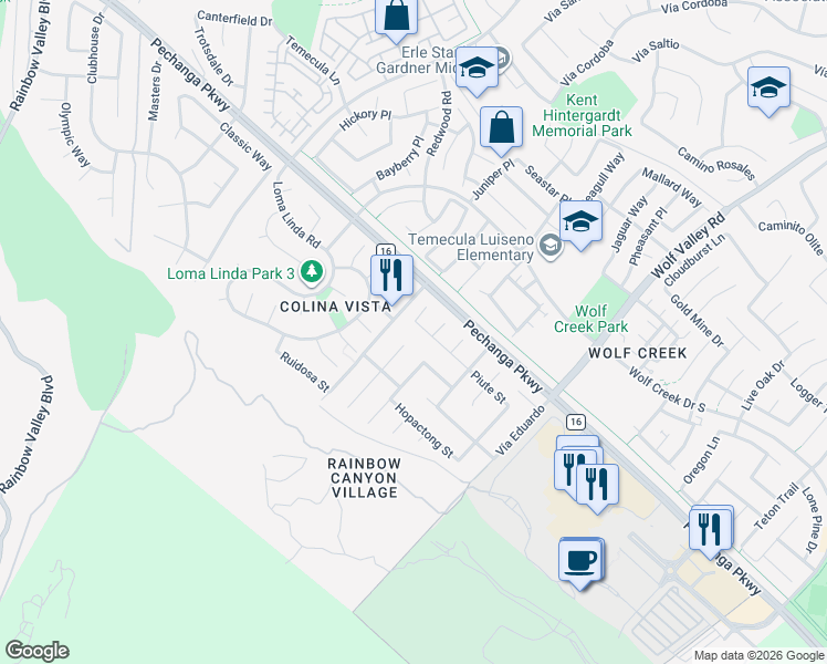 map of restaurants, bars, coffee shops, grocery stores, and more near 31232 Eona Circle in Temecula