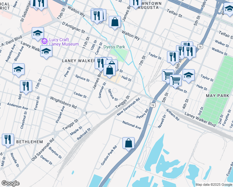 map of restaurants, bars, coffee shops, grocery stores, and more near 825 Spruce Street in Augusta