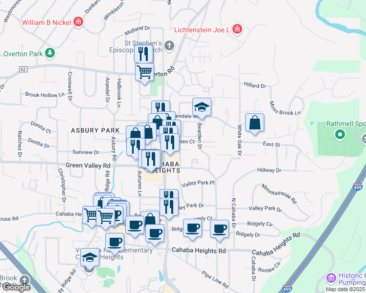 map of restaurants, bars, coffee shops, grocery stores, and more near 3951 Wall Street in Vestavia Hills