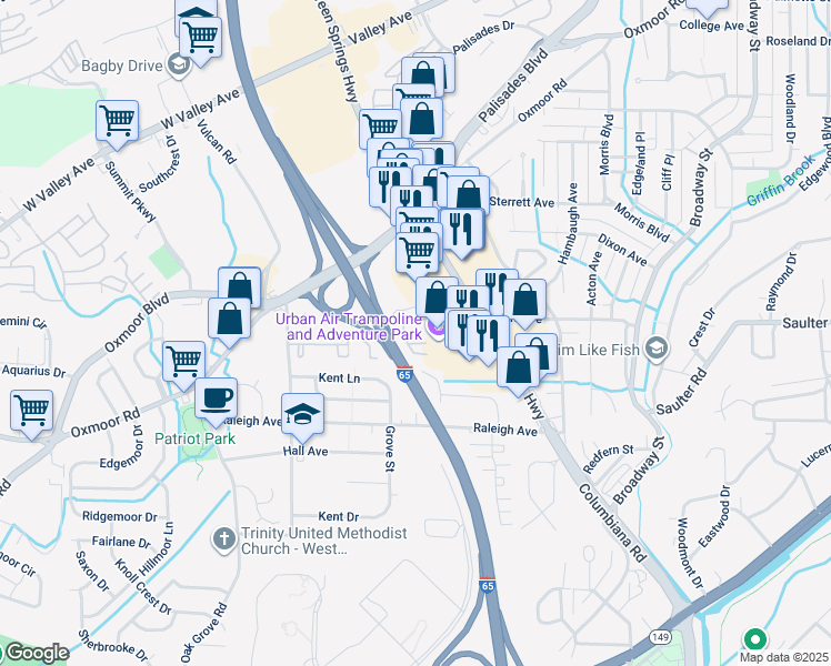 map of restaurants, bars, coffee shops, grocery stores, and more near 323 Oak Leaf Circle in Homewood