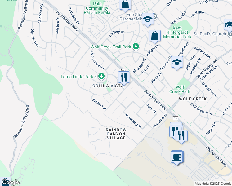 map of restaurants, bars, coffee shops, grocery stores, and more near 31109 Shicali Court in Temecula