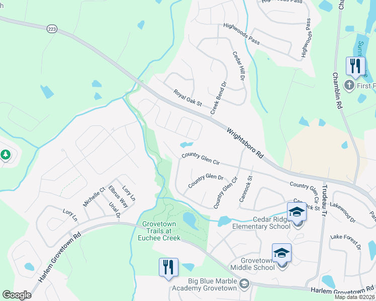 map of restaurants, bars, coffee shops, grocery stores, and more near 4542 Country Glen Circle in Grovetown