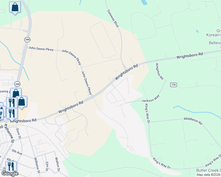 map of restaurants, bars, coffee shops, grocery stores, and more near 3507 Patron Drive in Grovetown