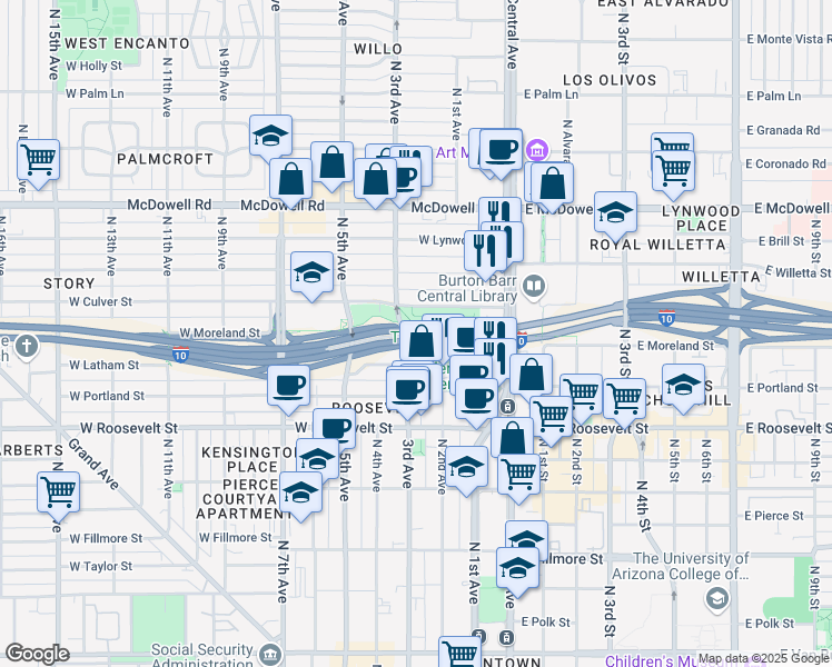 map of restaurants, bars, coffee shops, grocery stores, and more near 80 West Maryland Avenue in Phoenix