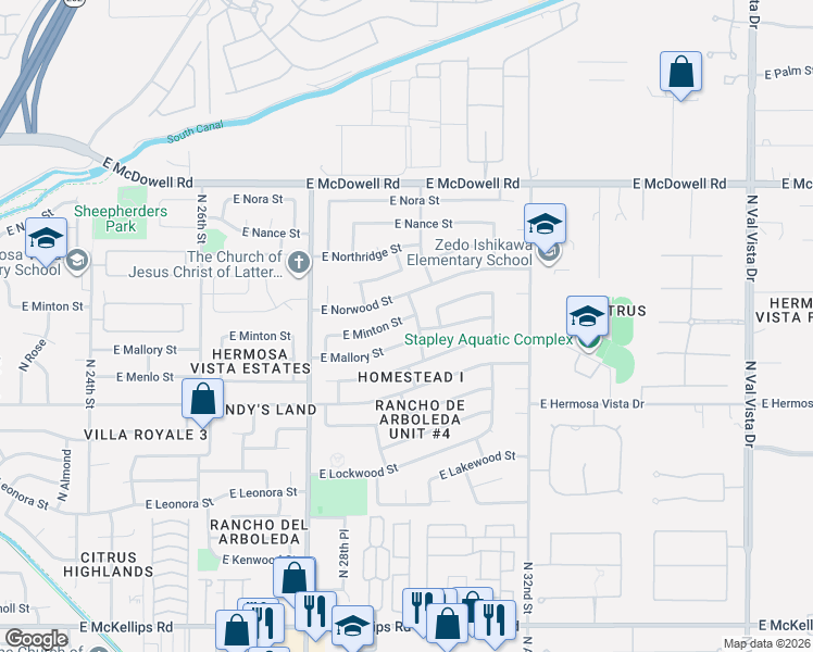 map of restaurants, bars, coffee shops, grocery stores, and more near 2945 East Mallory Street in Mesa