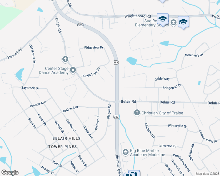 map of restaurants, bars, coffee shops, grocery stores, and more near 3907 Belair Road in Augusta