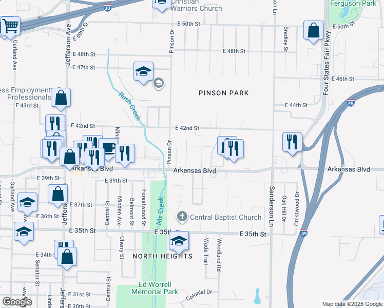 map of restaurants, bars, coffee shops, grocery stores, and more near 2301 Arkansas Boulevard in Texarkana
