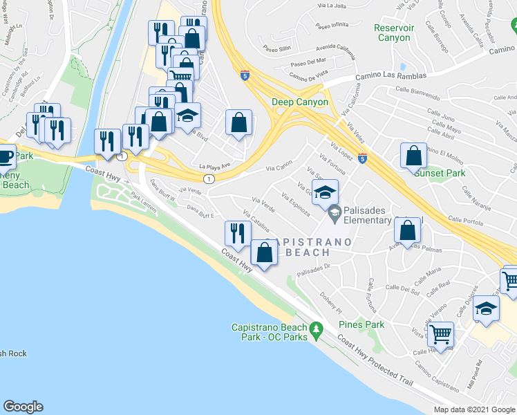 map of restaurants, bars, coffee shops, grocery stores, and more near 26224 Via California in Dana Point