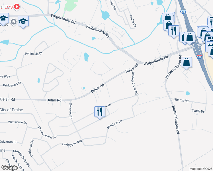 map of restaurants, bars, coffee shops, grocery stores, and more near 3642 Belair Road in Augusta