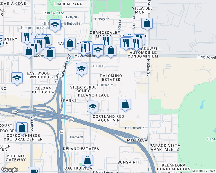 map of restaurants, bars, coffee shops, grocery stores, and more near 4900 East Culver Street in Phoenix