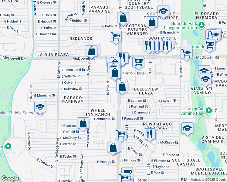 map of restaurants, bars, coffee shops, grocery stores, and more near 7111 East Belleview Street in Scottsdale