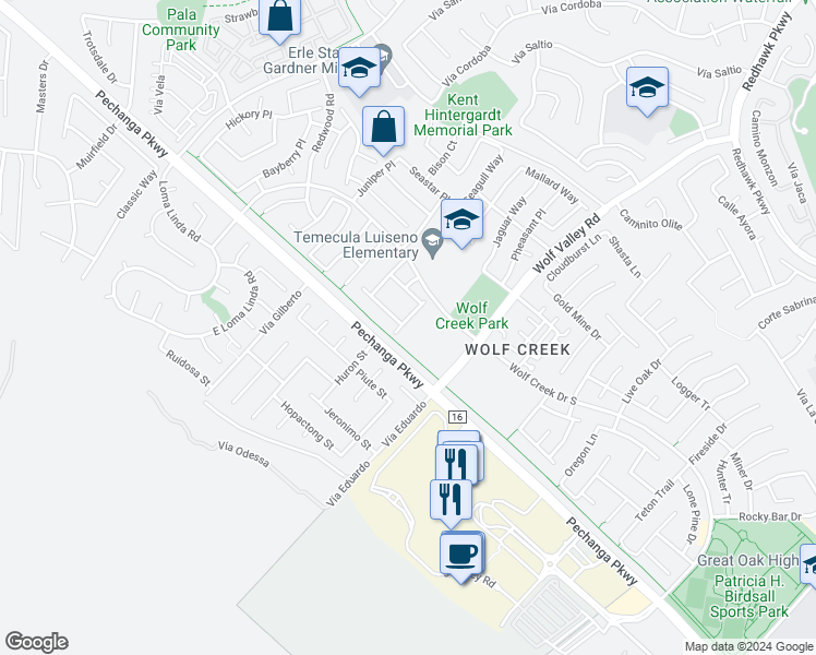 map of restaurants, bars, coffee shops, grocery stores, and more near 45788 Klamath Court in Temecula