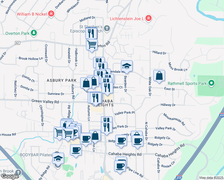 map of restaurants, bars, coffee shops, grocery stores, and more near 3951 Wall Street in Vestavia Hills