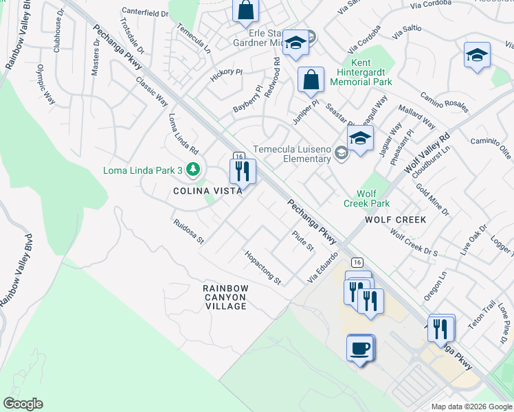 map of restaurants, bars, coffee shops, grocery stores, and more near 31232 Eona Circle in Temecula