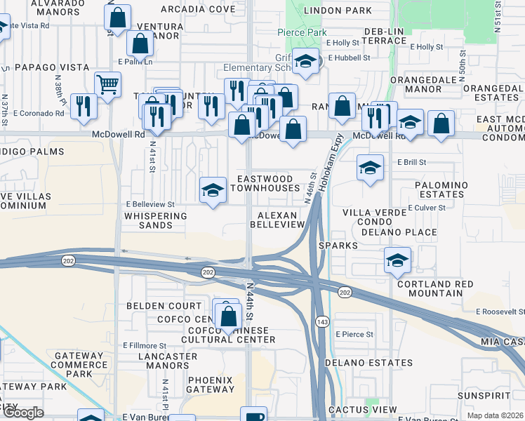 map of restaurants, bars, coffee shops, grocery stores, and more near 1121 North 44th Street in Phoenix