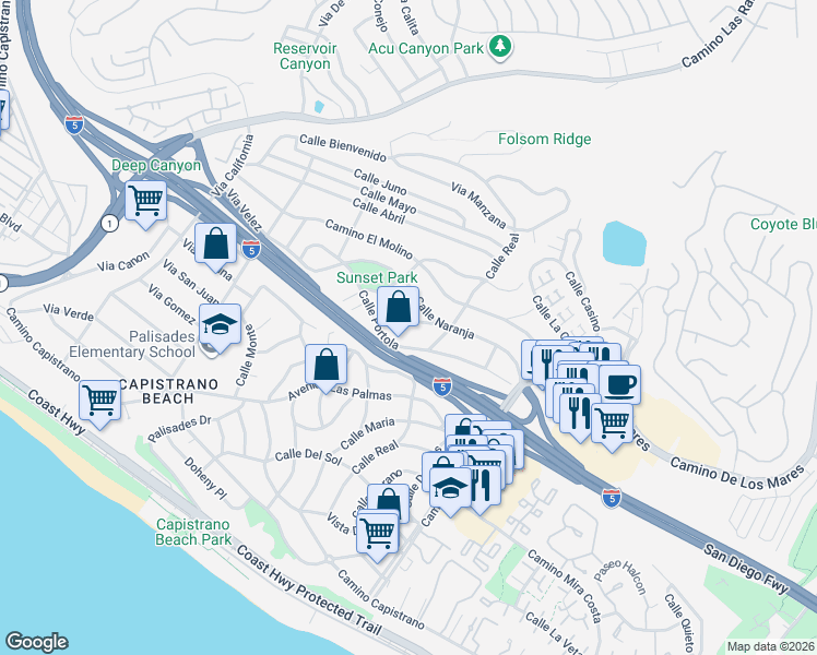 map of restaurants, bars, coffee shops, grocery stores, and more near 34503 Calle Carmelita in Dana Point