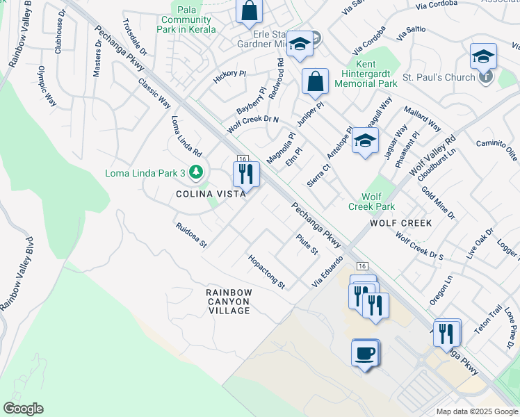 map of restaurants, bars, coffee shops, grocery stores, and more near 45435 Piute Street in Temecula