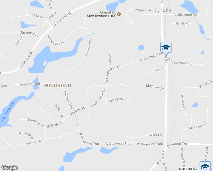 map of restaurants, bars, coffee shops, grocery stores, and more near 521 West Crestwood Road in Tyrone