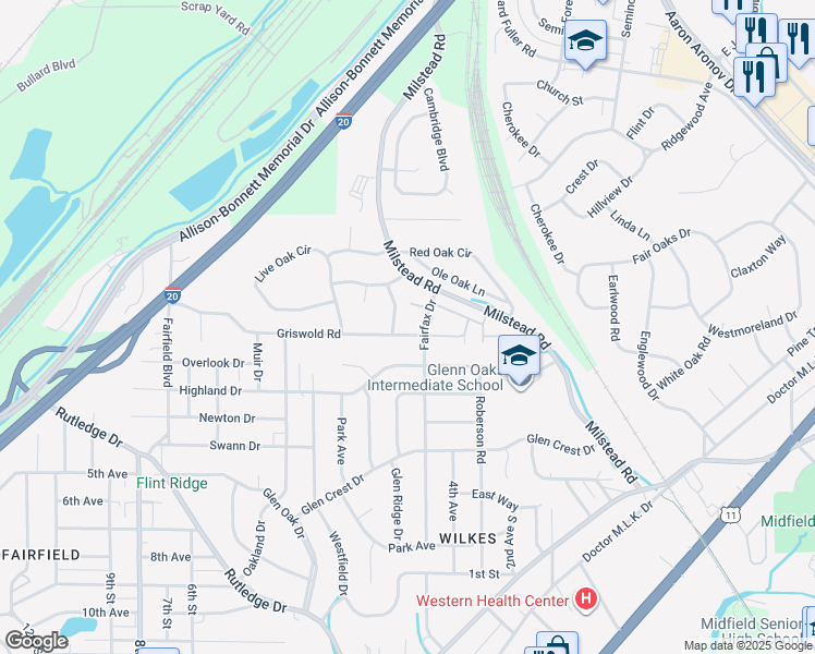 map of restaurants, bars, coffee shops, grocery stores, and more near 1104 Griswold Road in Fairfield