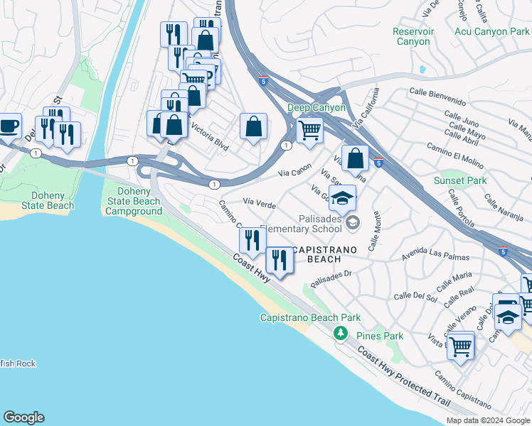 map of restaurants, bars, coffee shops, grocery stores, and more near 26211 Via California in Dana Point