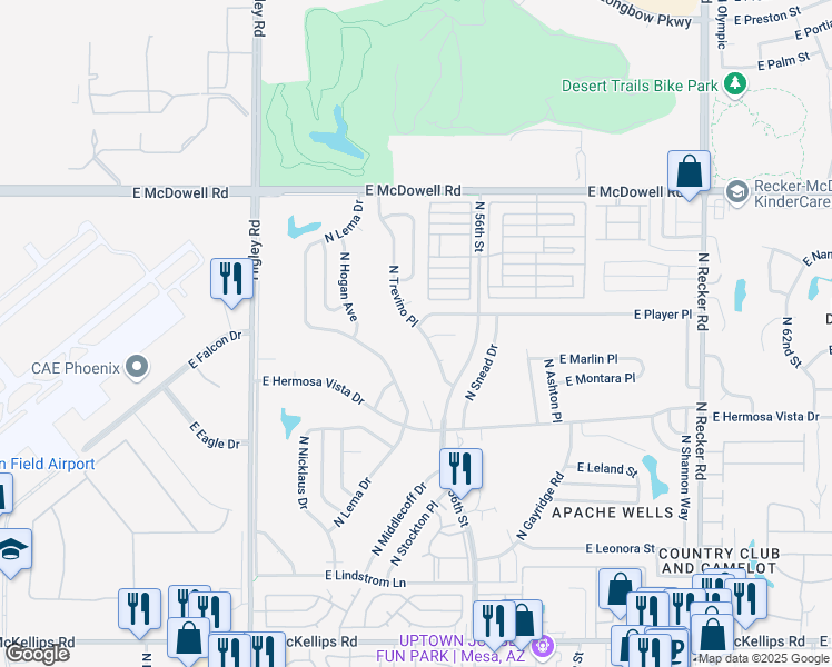 map of restaurants, bars, coffee shops, grocery stores, and more near 2542 North Trevino Place in Mesa
