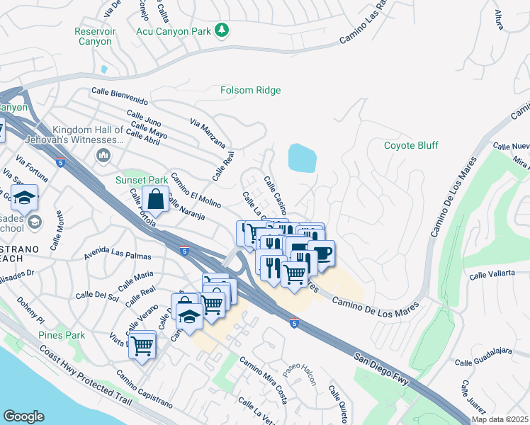 map of restaurants, bars, coffee shops, grocery stores, and more near 712 Calle Divino in San Clemente