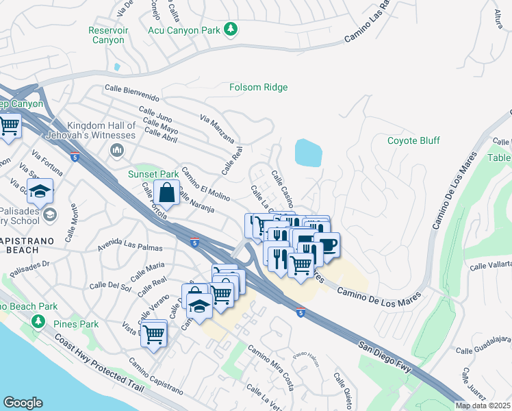 map of restaurants, bars, coffee shops, grocery stores, and more near 34528 Camino El Molino in Dana Point
