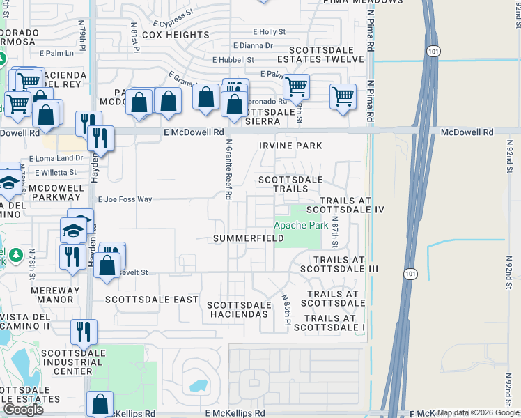 map of restaurants, bars, coffee shops, grocery stores, and more near 1272 North 85th Place in Scottsdale