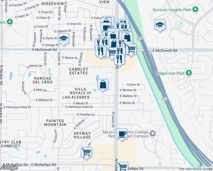map of restaurants, bars, coffee shops, grocery stores, and more near 6728 East Melrose Street in Mesa