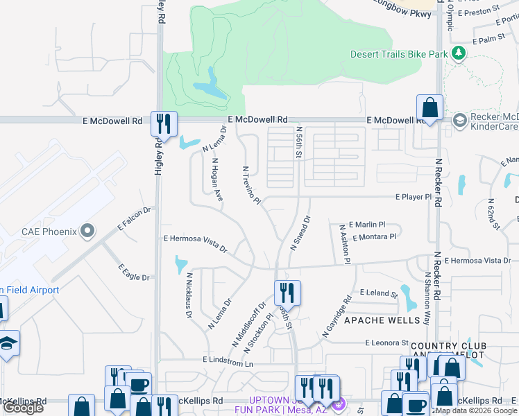 map of restaurants, bars, coffee shops, grocery stores, and more near 2542 North Trevino Place in Mesa