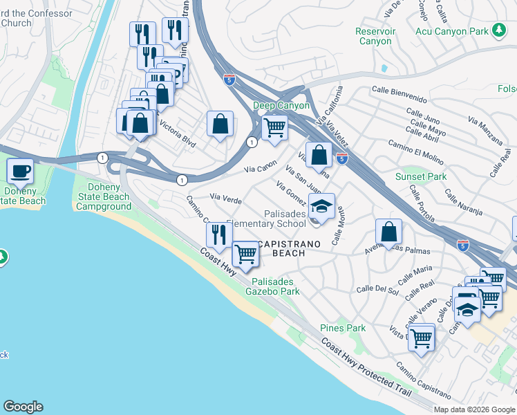 map of restaurants, bars, coffee shops, grocery stores, and more near 34453 Via Espinoza in Dana Point