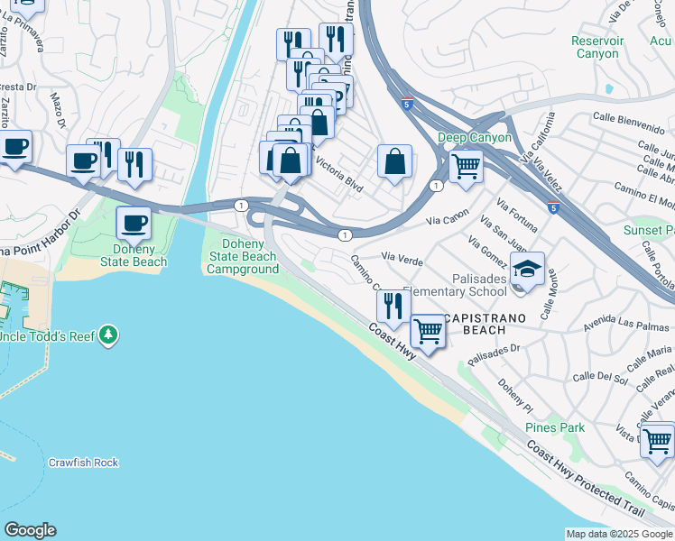 map of restaurants, bars, coffee shops, grocery stores, and more near 25982 Vista Drive East in Dana Point