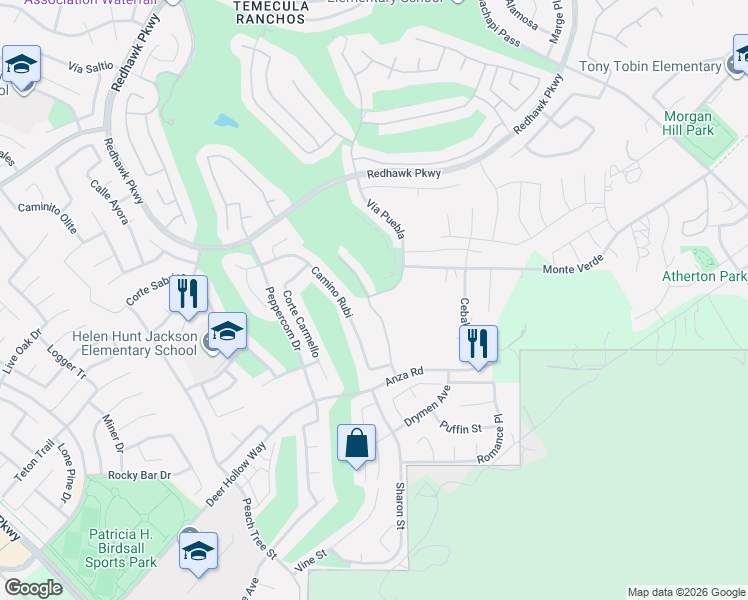 map of restaurants, bars, coffee shops, grocery stores, and more near 45834 Corte Mislanca in Temecula