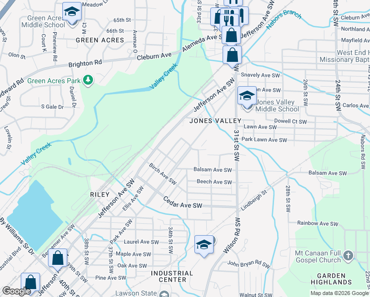map of restaurants, bars, coffee shops, grocery stores, and more near 3308 Park Avenue Southwest in Birmingham