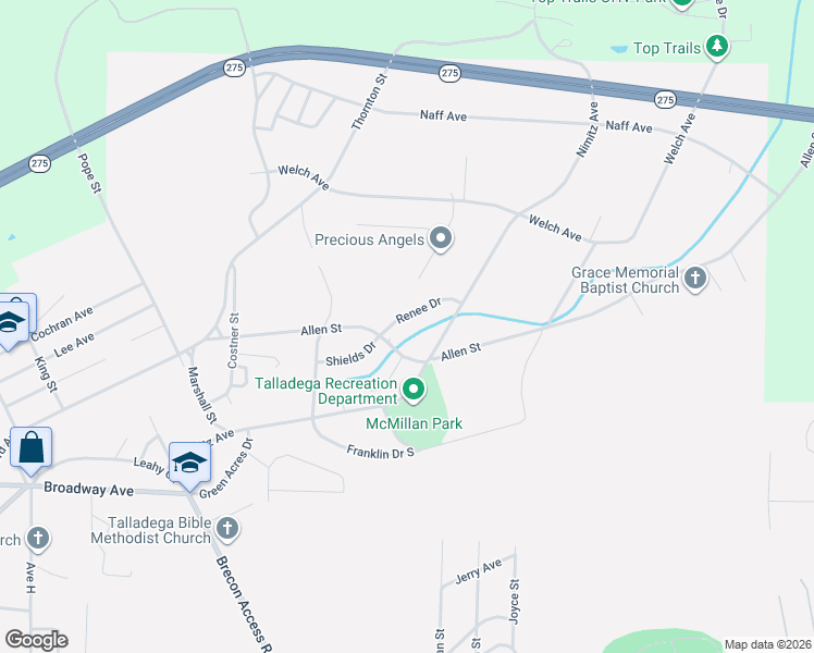 map of restaurants, bars, coffee shops, grocery stores, and more near 111 Renee Drive in Talladega