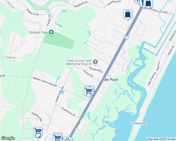 map of restaurants, bars, coffee shops, grocery stores, and more near 172 Archer Road in Pawleys Island