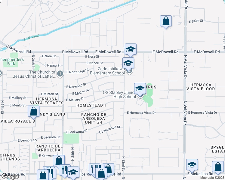 map of restaurants, bars, coffee shops, grocery stores, and more near 3116 East Mallory Street in Mesa
