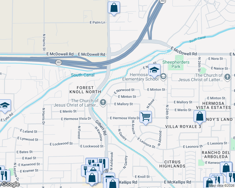 map of restaurants, bars, coffee shops, grocery stores, and more near 2034 East Minton Street in Mesa
