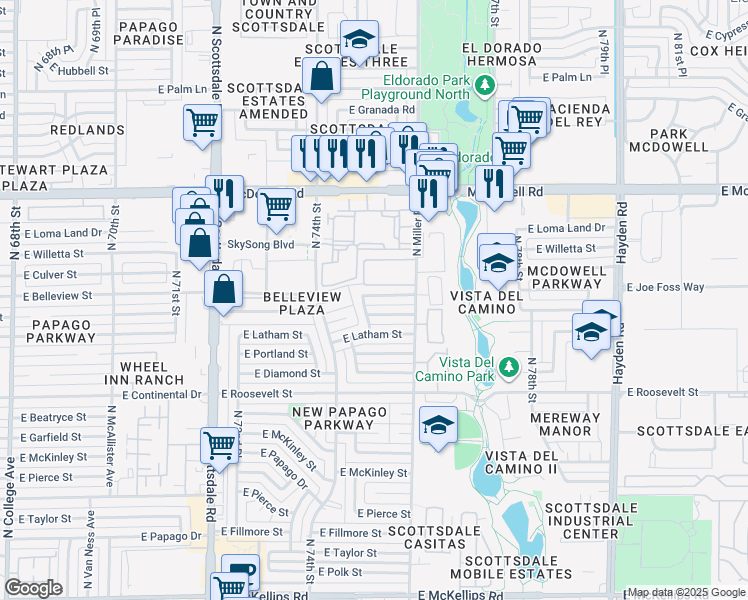 map of restaurants, bars, coffee shops, grocery stores, and more near 7519 East Belleview Street in Scottsdale