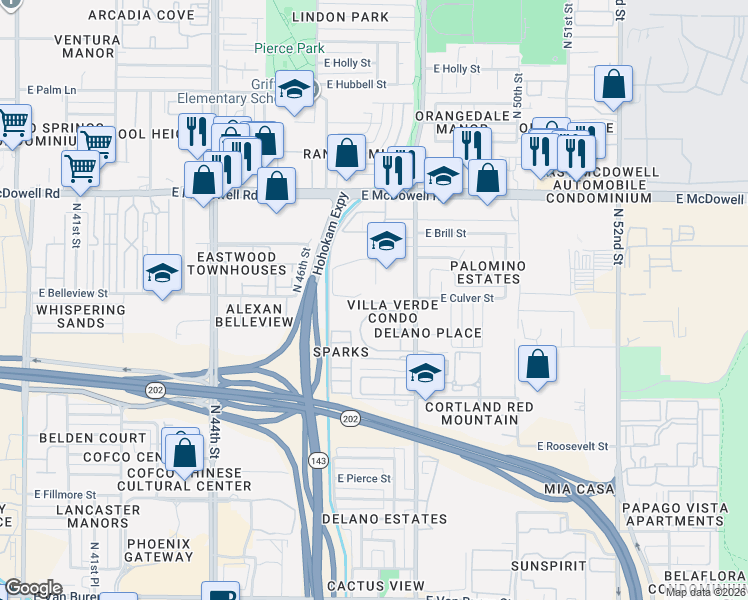map of restaurants, bars, coffee shops, grocery stores, and more near 4718 East Culver Street in Phoenix