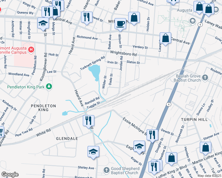 map of restaurants, bars, coffee shops, grocery stores, and more near 1810 Arch Drive in Augusta
